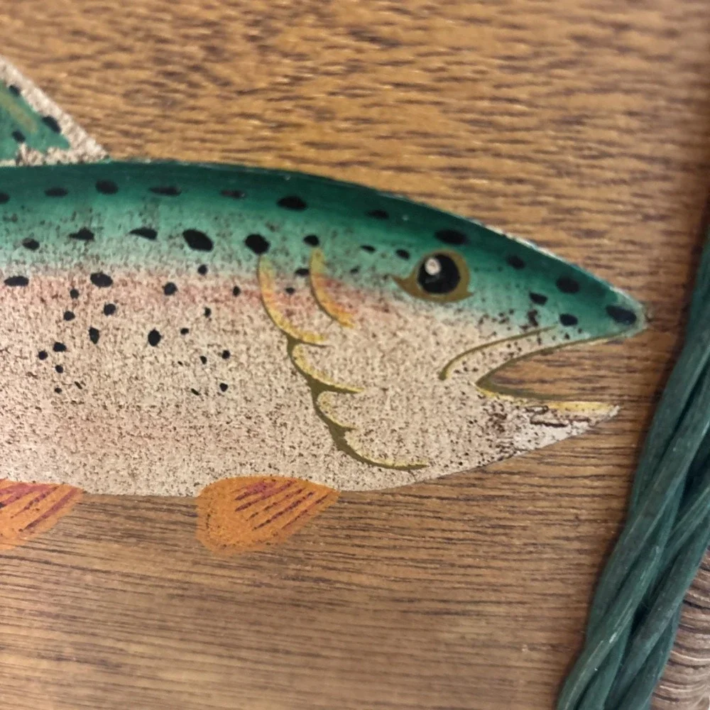 VTG Creel Wicker Waste Basket Hand Painted Trout Fish Wood Panel Cabin Lake 13